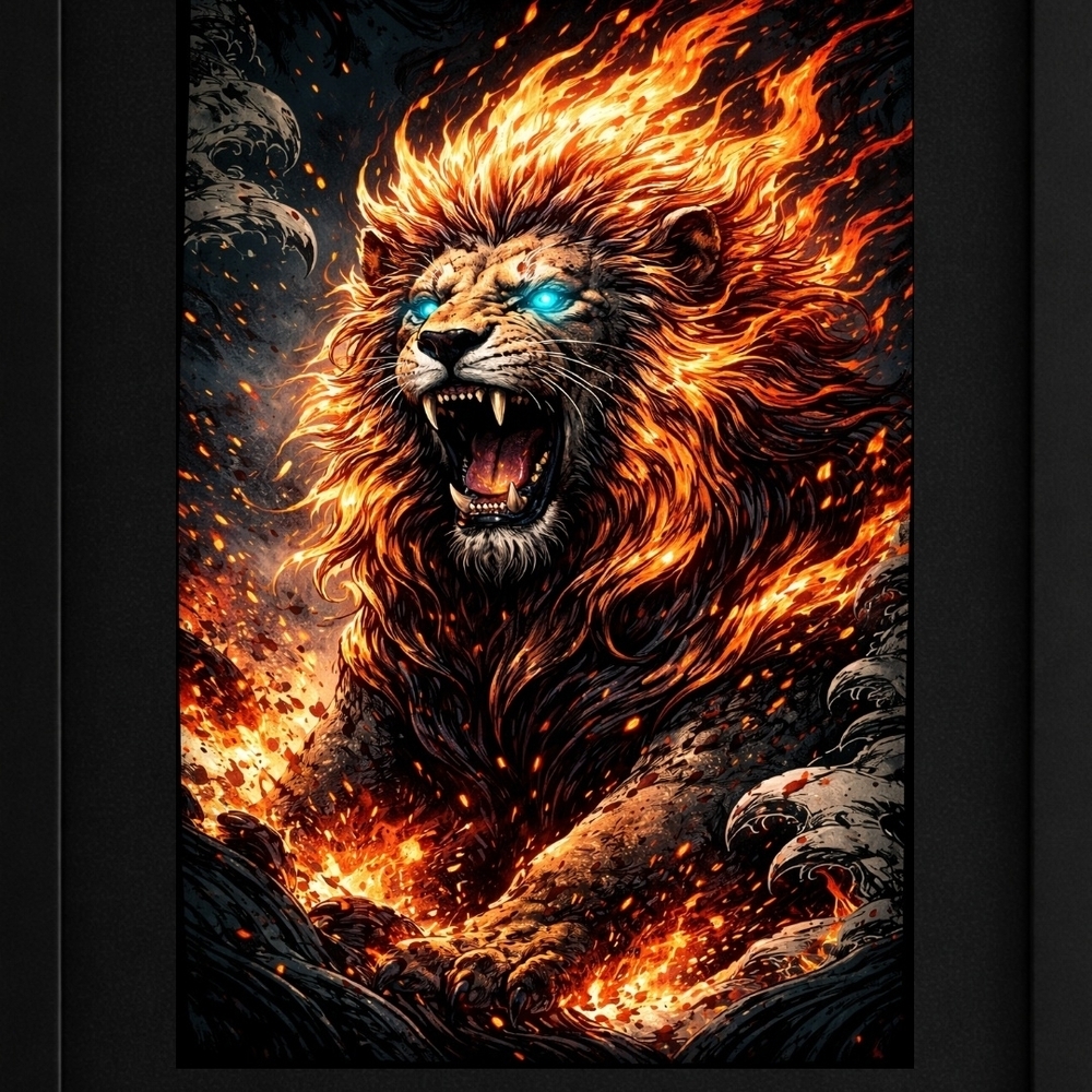 A.I. Fiery Lion Art Print In A Frame 8x10